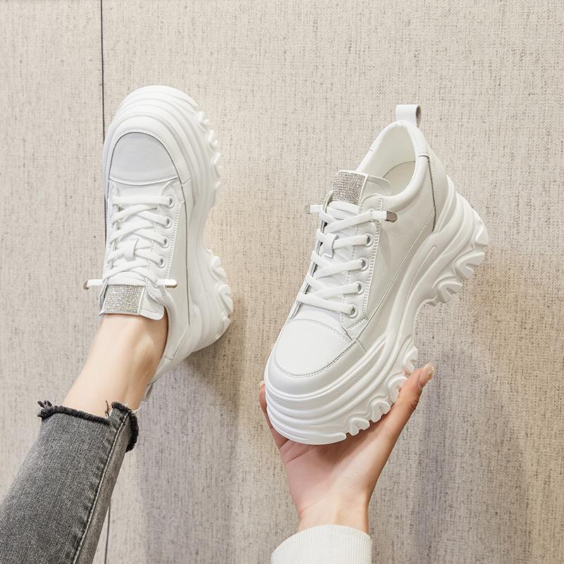 Fashion 9CM High Heel Genuine Leather Women Shoes Chunky Sneakers Wedge Platform Shoes Spring Summer Women Breathable Comfy Footwear