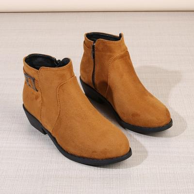 Western Booties Fall Winter New Round Toe Scrub Fleece Side Zip Metal Buckle Soft Sole Block Heel Shoes