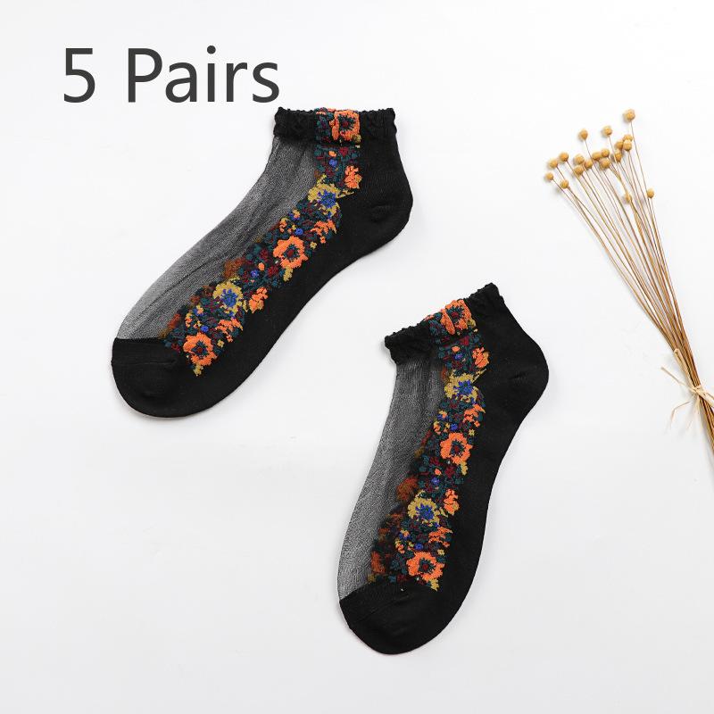 5 Pairs of Ladies Autumn Thin Floral Embroidered Glass Silk Clear Cotton Bottom Crystal Ice Stockings