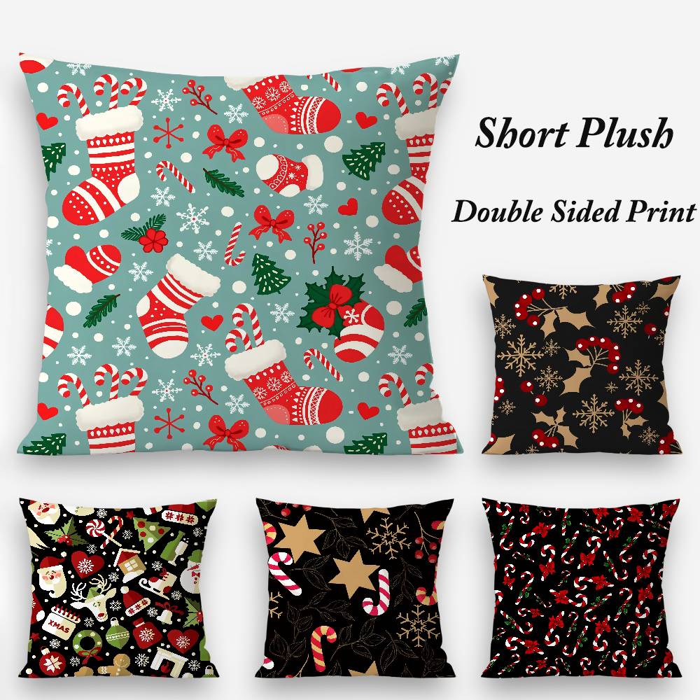 Christmas Tree Bells Snowman Pillow Case Plush Fabric Soft Double Sided Print Sofa Cushion Cover Throw Pillow Covers