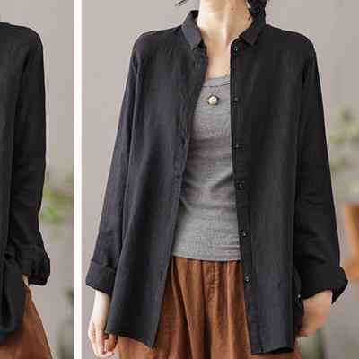 Spring Autumn Button Shirts Casual Turn Down Collar Womens Long Sleeve Cotton Blouse
