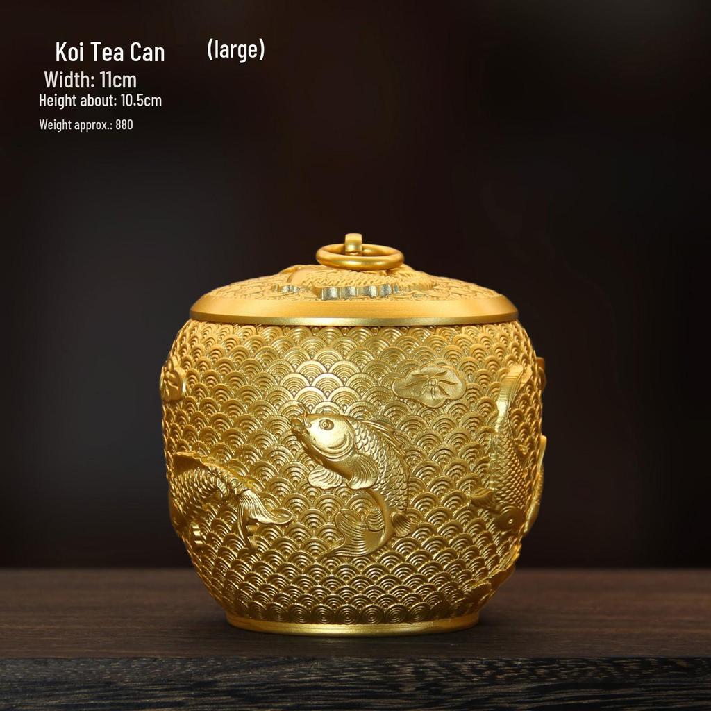 High-Grade Pure Brass Koi Tea Storage Can with Lid - Moisture-Proof Sealed Container, Ashtray, and Decorative Craft Ornament