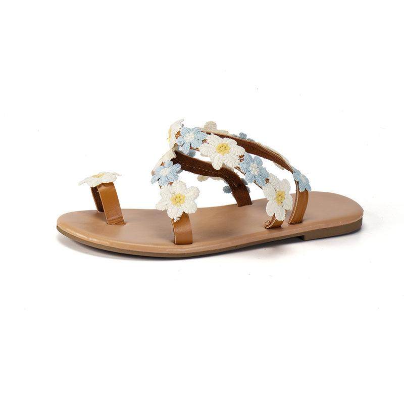 Foreign Trade Set of Toe Sandals 2025 Summer New Flat-bottomed Flower Flat-bottomed Beach Large-size Open-toed Women's Sandals
