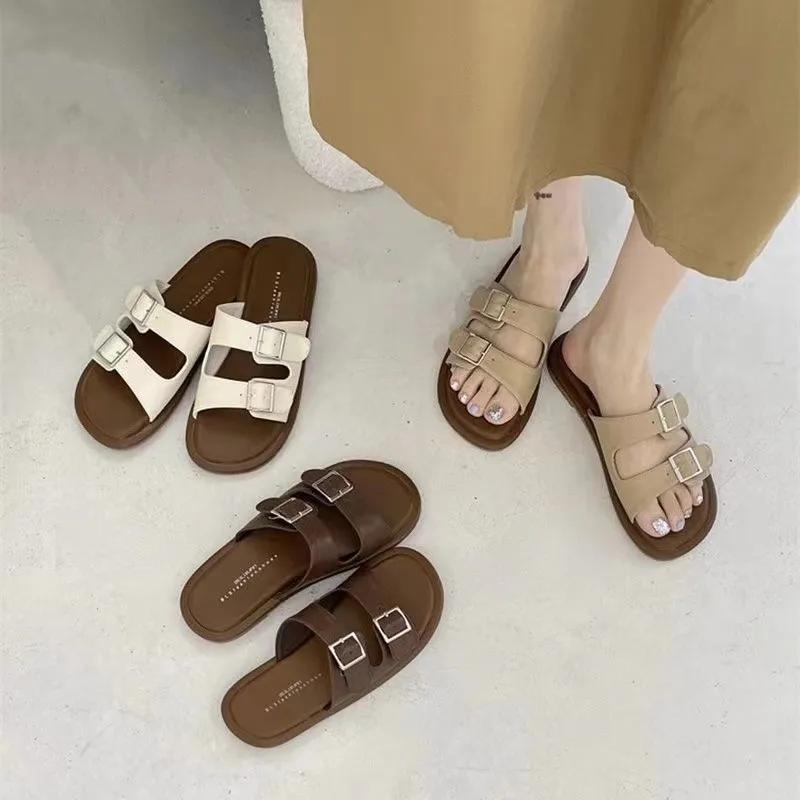 Fashion New Summer Solid Color Buckle Flat Bottom Women's Slippers for Outdoor Wear Home Women Slippers Retro Casual Temperament Sandals