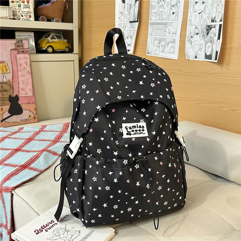 Cute Star Print Nylon Backpack for Women – Fashionable School & Daily Use Bag with Front Drawstring Pocket and Plush Charm
