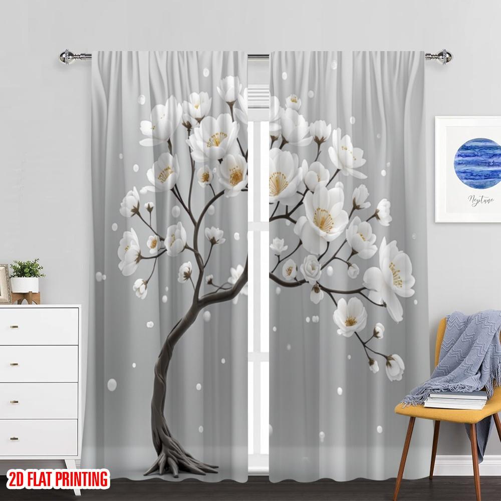 Set Of 2 Flat Printing Curtain White Flower Tree Protecting Privacy Birthday Party Use Room Parties Decor Polyester