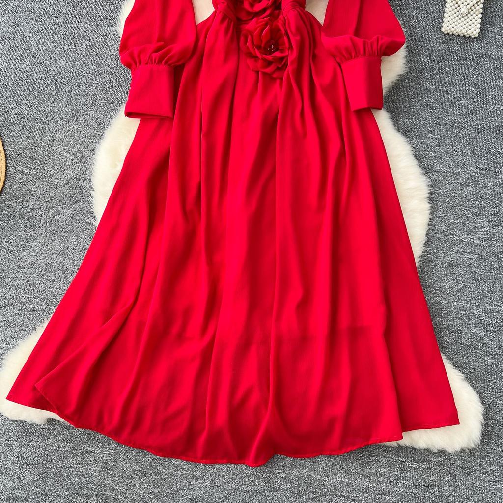 French Retro V-neck Three-dimensional Flowers Lantern Sleeve Dress Women's Waisted Temperament Swing Knee-length Elegant Long Dress