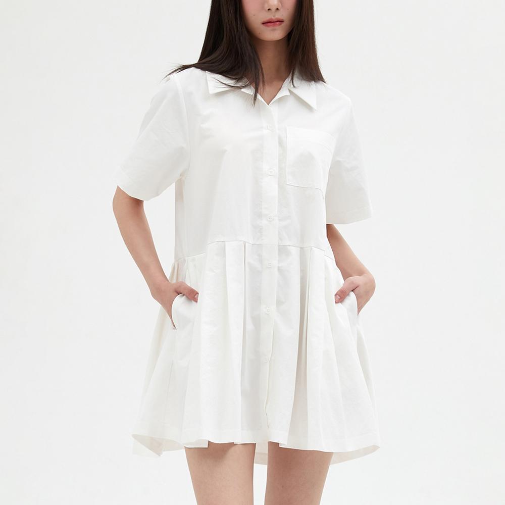Elssibeui Pleated Skirt Shirt Dress_White