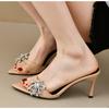 Fashion Plus Size 35-42 Black PU Leather Crystal Bowknot Women Slippers Sandals Fashion Goblet Heeled High Heels Mules Slides Shoes