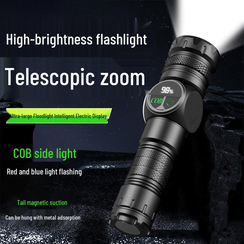 Smart Portable Flashlight with Digital Display, COB Side Light, Magnetic Base, and White Laser Core for Outdoor and Repair Use