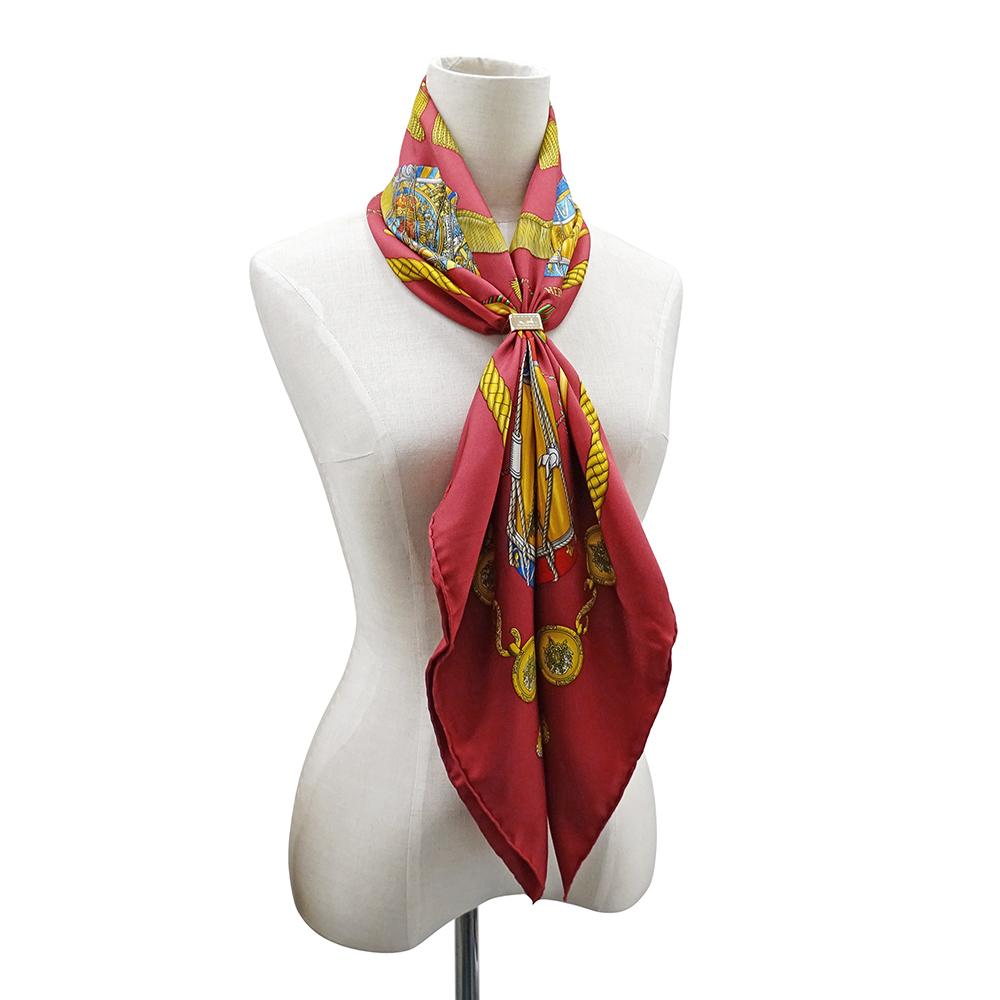 [USED]Hermes scarf for brand Carre Les Tambours Drums of the women, name, 90, (The Tambour), silk, red, stylish.