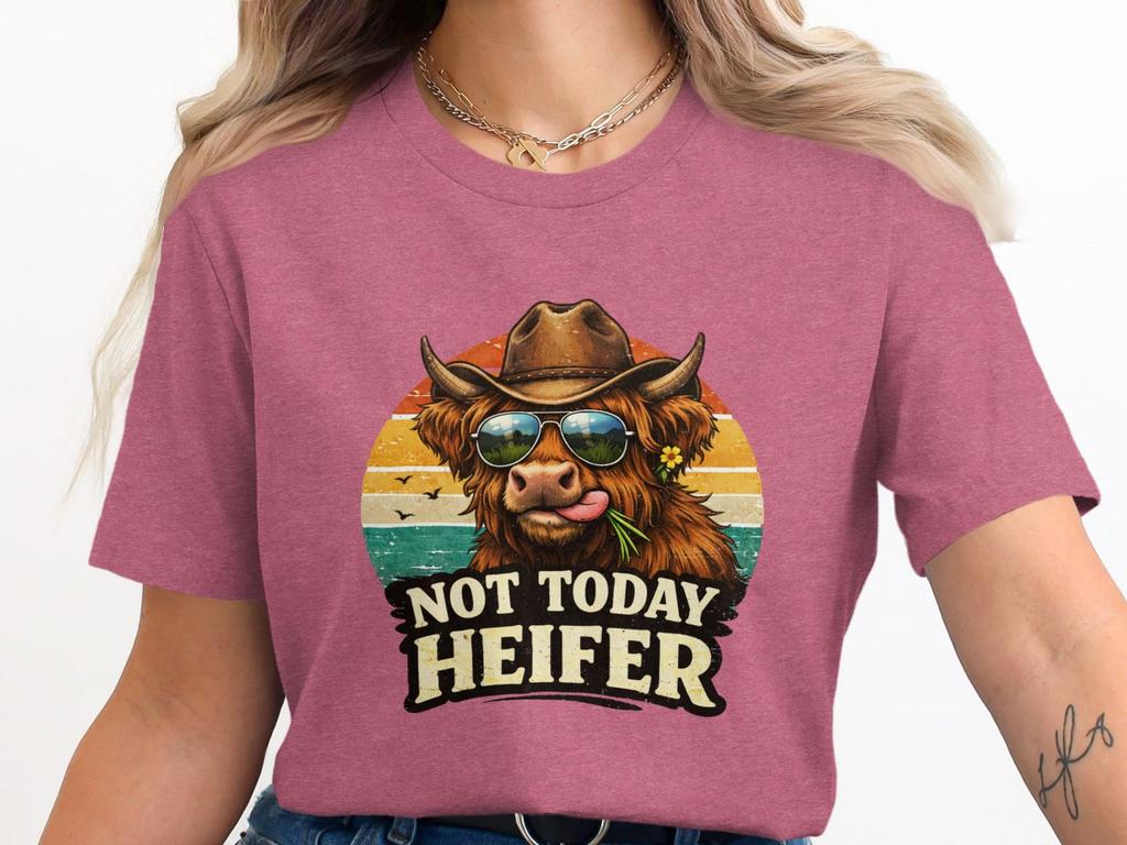 Highland Cow Not Today Heifer T-Shirt, Retro Sunset Farm Animal Graphic Tee