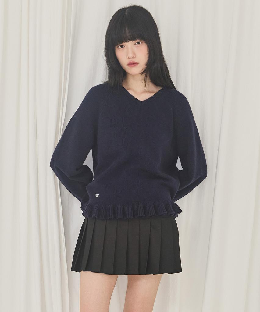 Alkialka V-Neck Frill Knit (Navy)