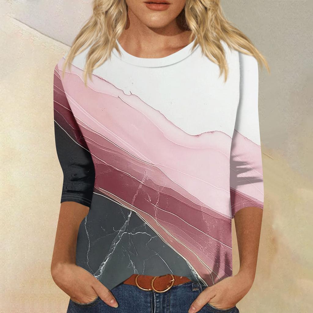 Women's Fashion Casual Round Neck 3/4 Sleeve Loose Printed T-Shirt Ladies Top