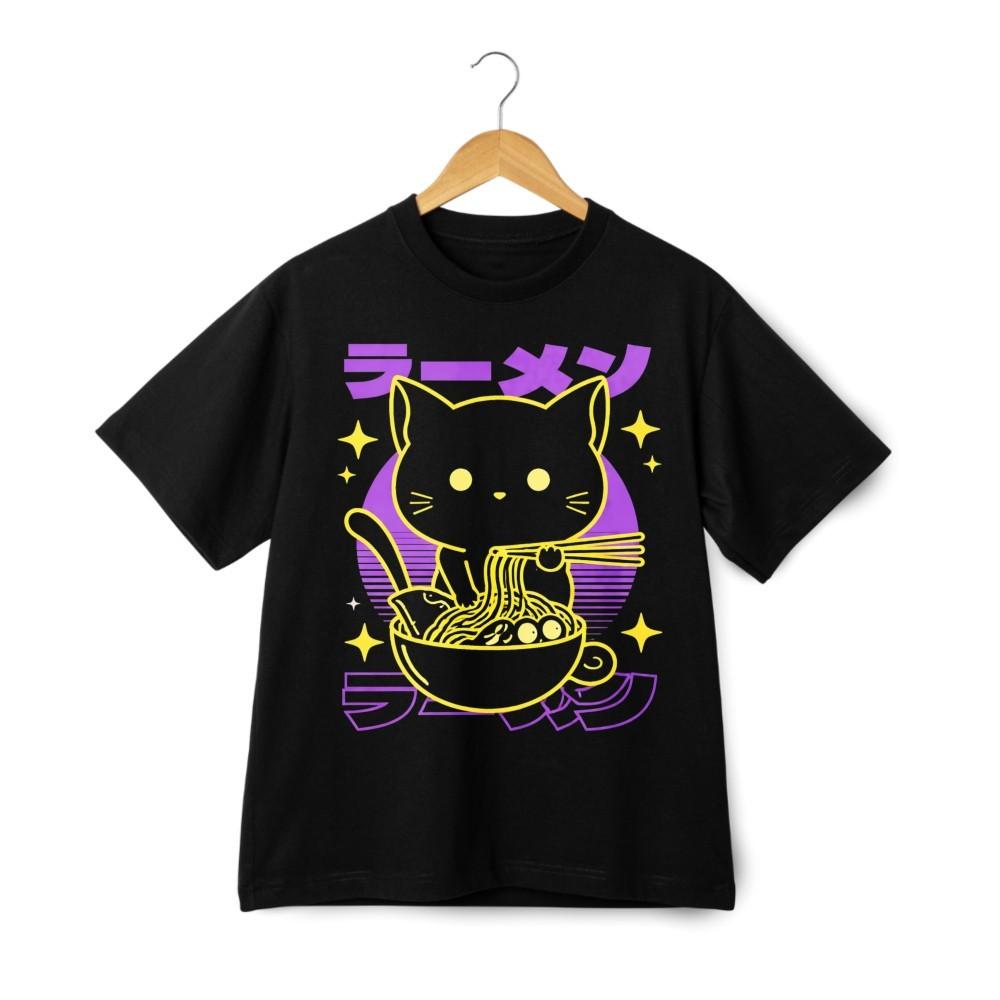 Cute Ramen Cat Anime T-Shirt Japanese Noodle Graphic Kawaii Unisex Tee 3XL