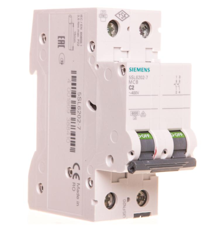Overcurrent Circuit Breaker 2P C 2A 6Ka Ac Sentron 5Sl6202-7