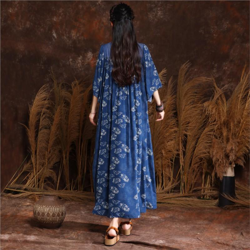 Johnature Chinese Style Disc Buckle Print Dress Summer Woman Loose Splicing Cotton Half Sleeve O-Neck Dress