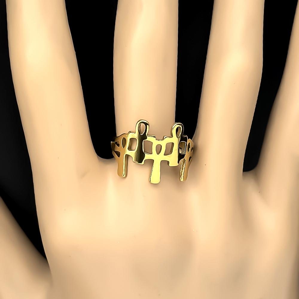 Egyptian Ankh Cross Ring for Women Men Stainless Steel Gold Plated Anubis Life Symbol Adjustable Finger Ring Party Jewelry Gift