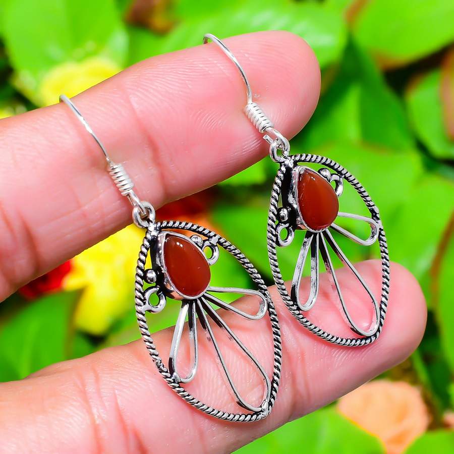 Red Carnelian Gemstone Handmade 925 Sterling Silver Jewelry Earring 2.01" O0n06