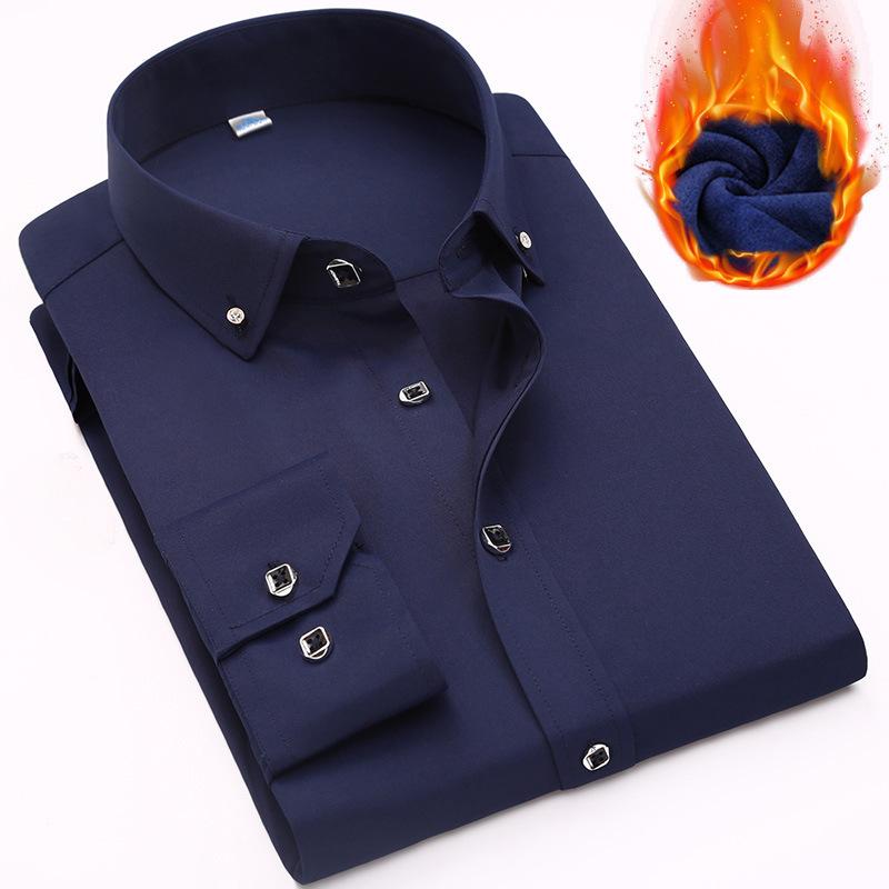 

Men Long Sleeve SlimFit Casual Business Dress Shirts Plushy Thickened Warm Lapel Shirt Slim Solid Color White Shirt 37 темно-синього кольору