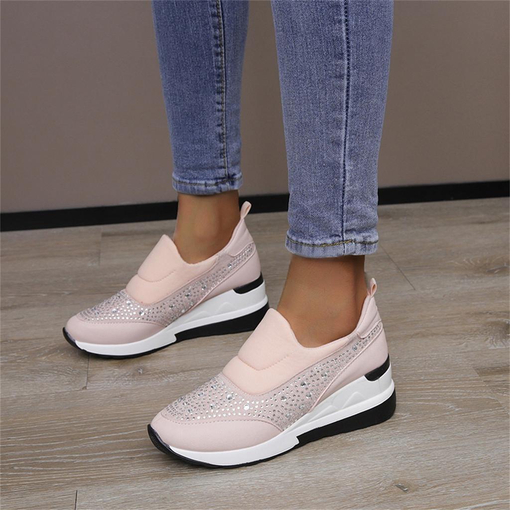 Ladies Fashion Rhinestone Leather Cloth Patched Thick Sole Wedges Heel Casual Sports Shoes Bohemian Sandals for Women Size 9