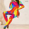 Women Plus Size Two Piece Set Round Neck Long Sleeve White Blue Printed Top Fitted Long Pants