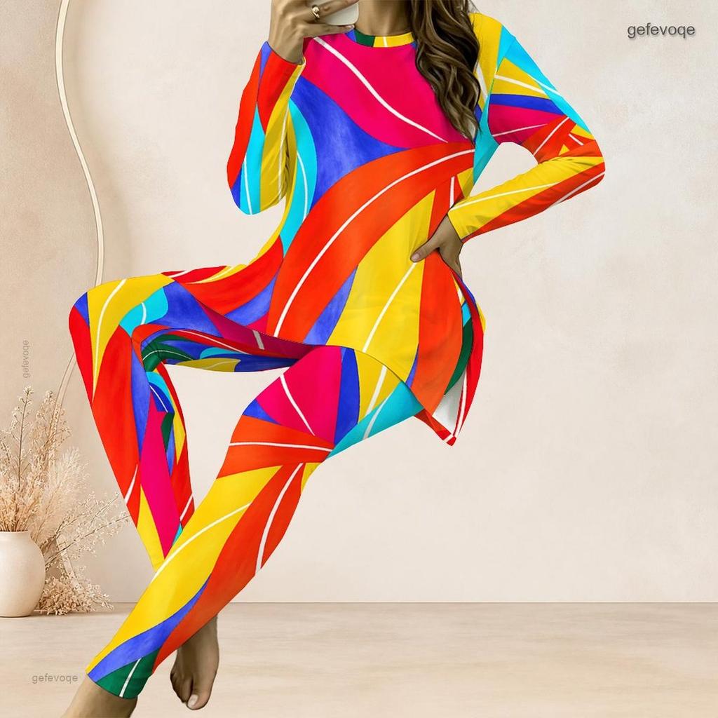 Women Plus Size Two Piece Set Round Neck Long Sleeve White Blue Printed Top Fitted Long Pants