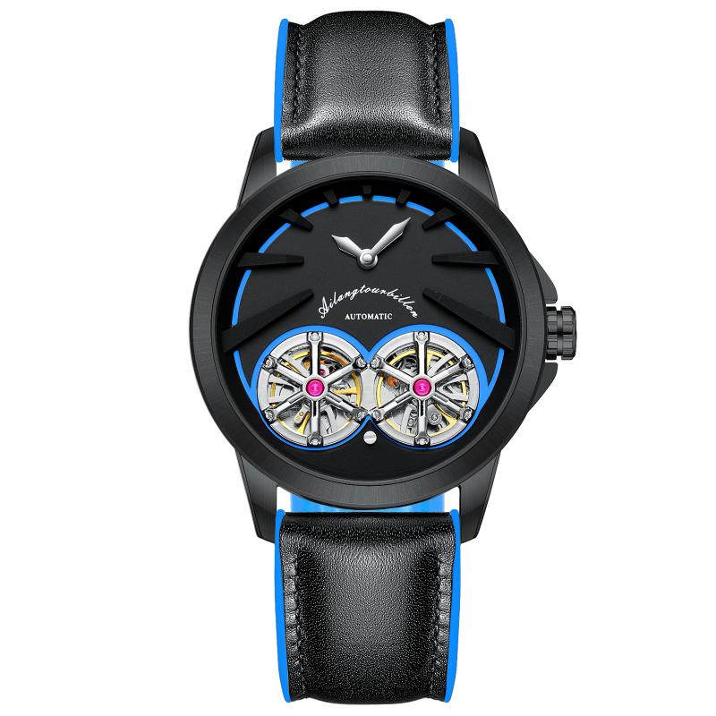 Domed Holographic Glass with Anti Glare AI LANG Fashion Watch Mechanic Automatic Double Tourbillon High-end Leather Wristwatch