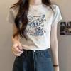 Women Cartoon Cat Graphic Crew Neck Short Sleeve Casual T Shirt