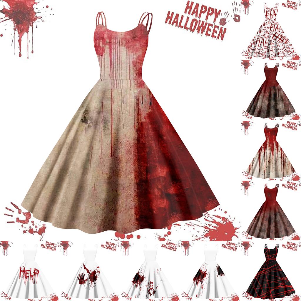 Rochie Vintage Casual de Damă cu Bretele și Imprimeu de Halloween