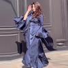 2026 Autumn Women's Solid Color Flare Sleeve Satin-Like Dress with Round Neck