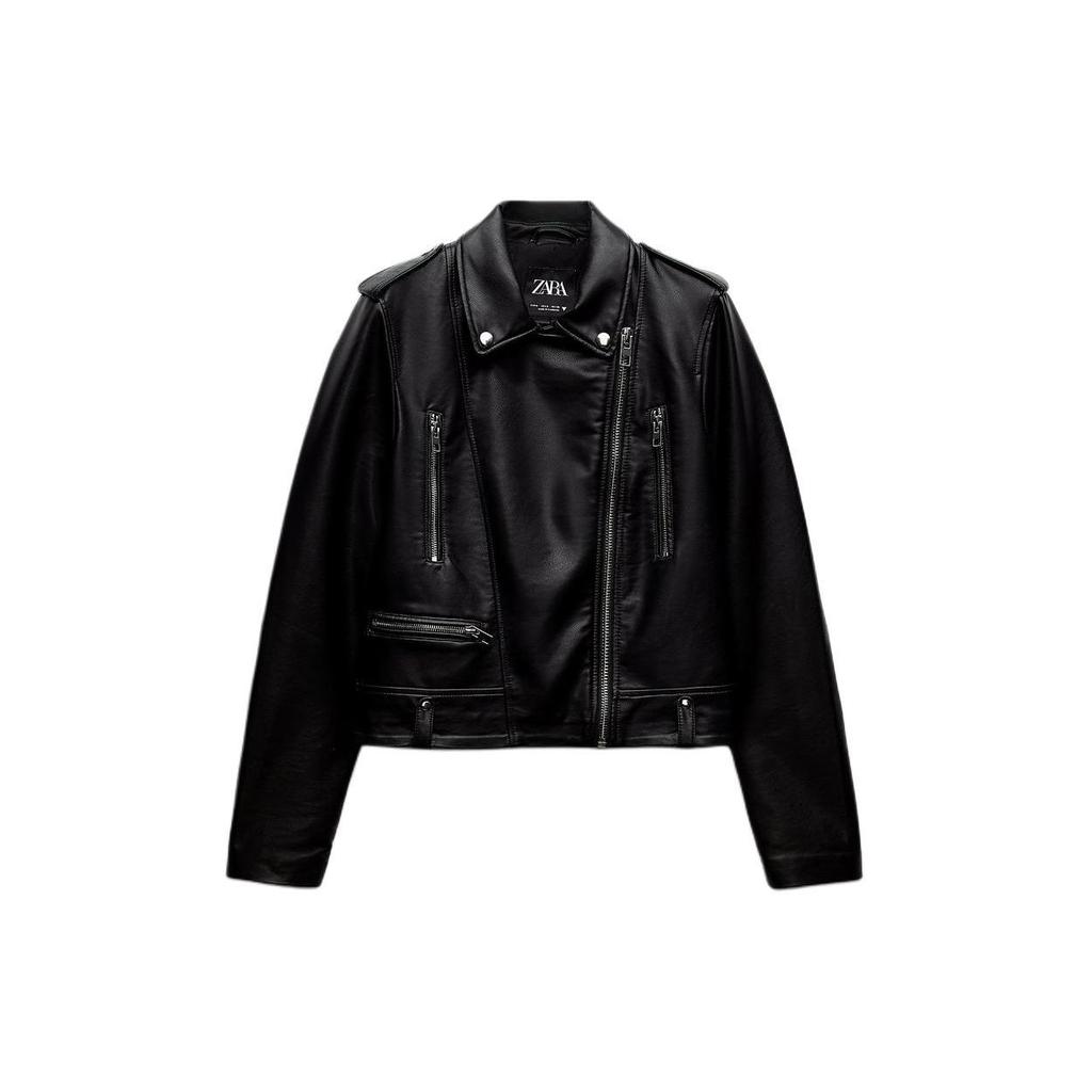 Zara Solid Color Lapel Faux Leather Motorcycle Casual Long Sleeve Jacket Women jackets Black 4341759-800