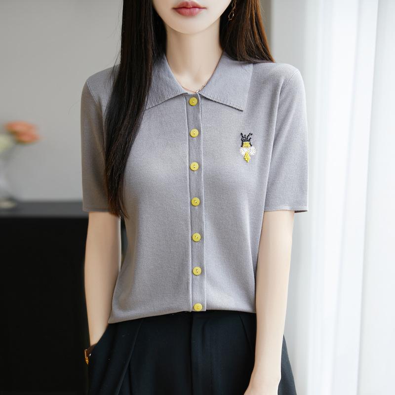 

Летняя новая футболка с воротником ПОЛО для женщин, вышивка тяжелой промышленности, облегающая, с коротким рукавом, простой и универсальный вязаный пуловер, топ с рукавом до локтя XL серый