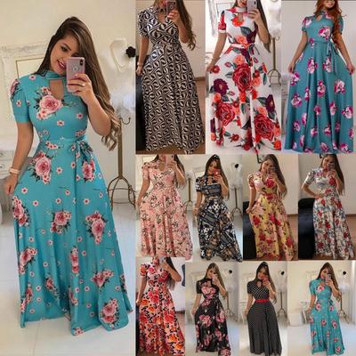 White, 4XL Onefa Womens Bohemian Plus Size Dress Vintage Print Sleeveless V Neck Fashion Maxi Dress
