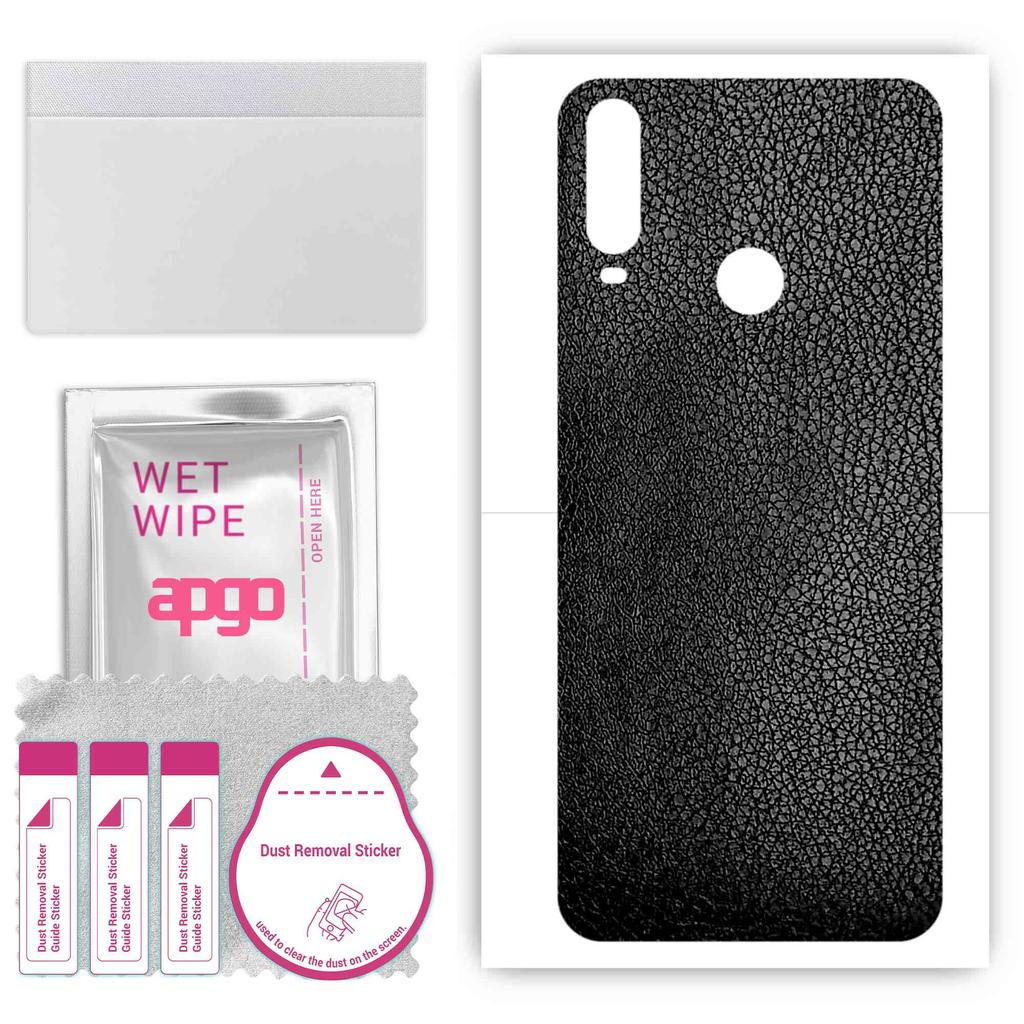 apgo Protective Skin Sticker for the back compatible with LG W31 Plus, Wrap Film, Foil, Vinyl - Pattern Black Leather