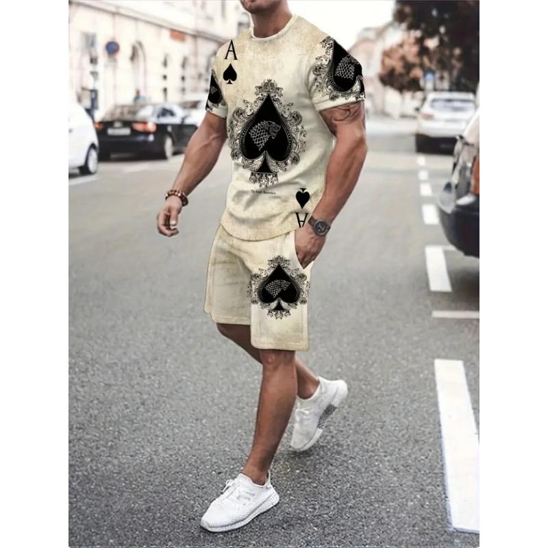 Cute Cartoon Print Summer Casual Crew-neck Men's Suit Urban Fashion Street Short-sleeved Top And Shorts Casual All-match Outfit