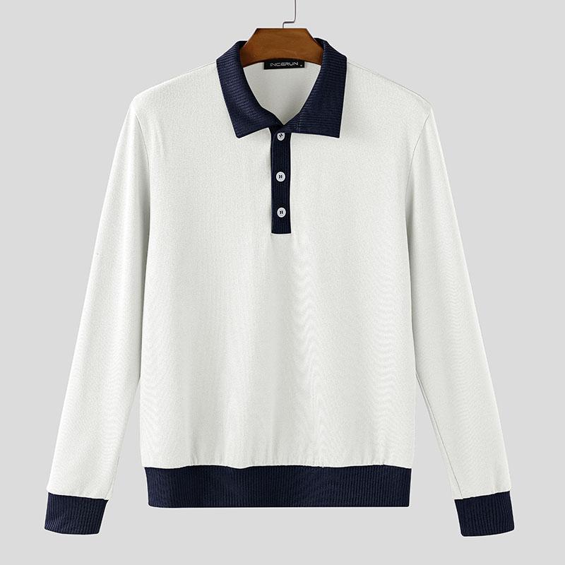 INCERUN Herbst Herren Reverskragen Langarm Rippen-Patchwork Lässige Lockere Pullover-Tops
