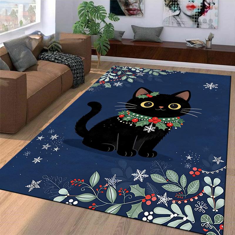 Black Cat Christmas Themed Carpet with Snowflakes and Holly Design Suitable for use as an anti-slip for living room bedroom sofas