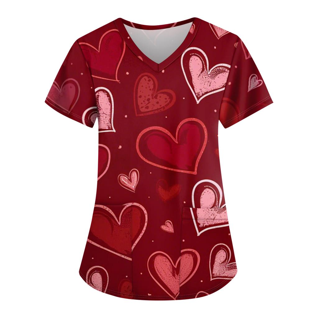 Women's Fashion Printed Short Sleeve V Neck Pattern Tops Pocket Working T-shirts