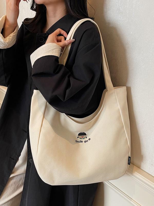 2025 Minimalist Large-Capacity Canvas Shoulder Tote with Embroidery
