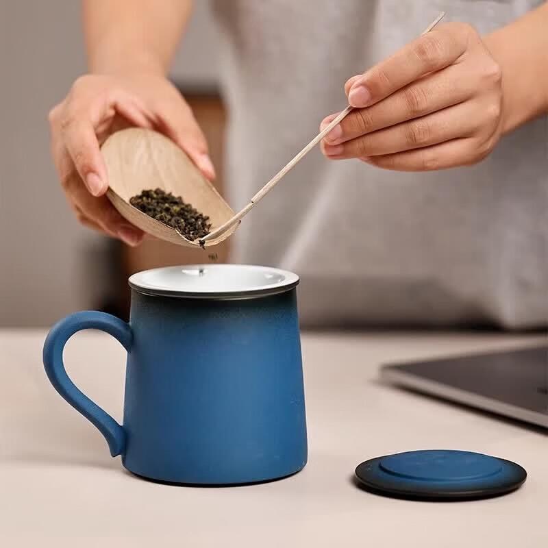 Xiangshang Dark Blue Ceramic Mug Set with Lid and Tea Infuser