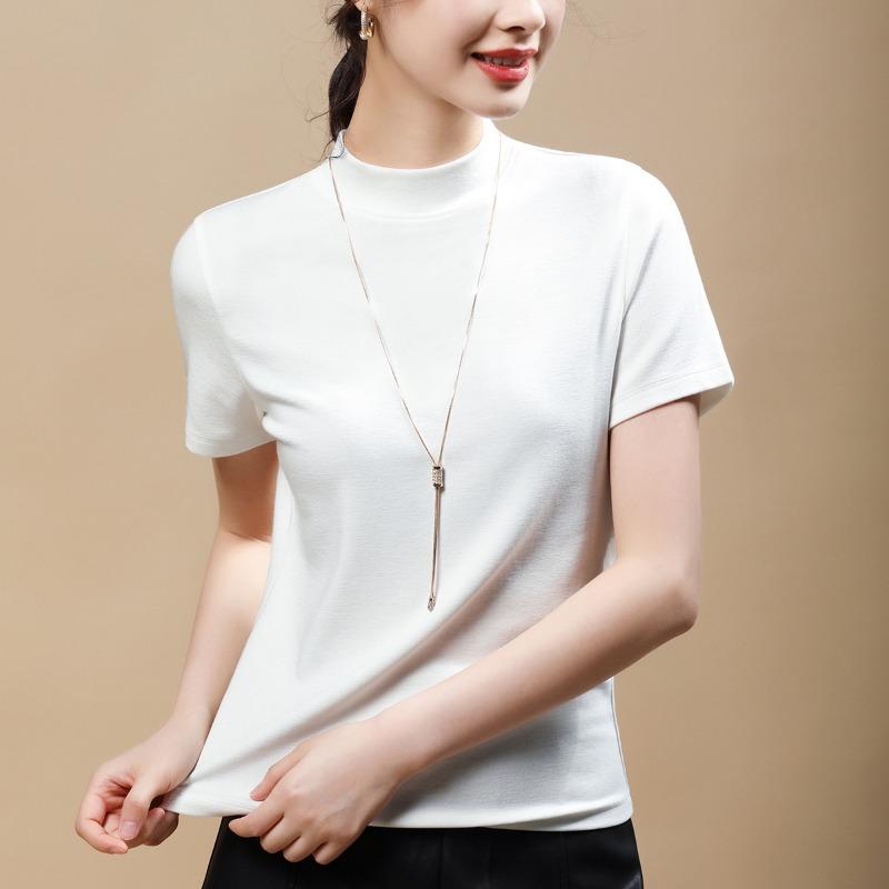 

Simple and chic short-sleeved shirt for women s half-height round neck women s clothing, loose stand-up neck half-sleeved bottoming shirt and top M білий