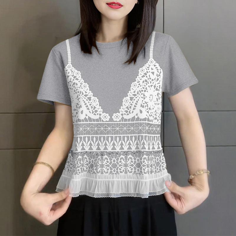 

ZANZEA Женская повседневная футболка с круглым вырезом, летняя, с коротким рукавом, с кружевной вставкой 4XL серый