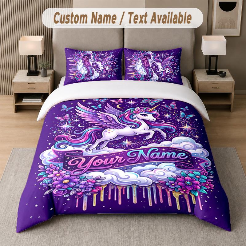 Unicorn Theme Custom Text Or Name 3Pcs Bedding Set 1 Flat Sheet & 2 Pillowcases Personalized Home Bedding