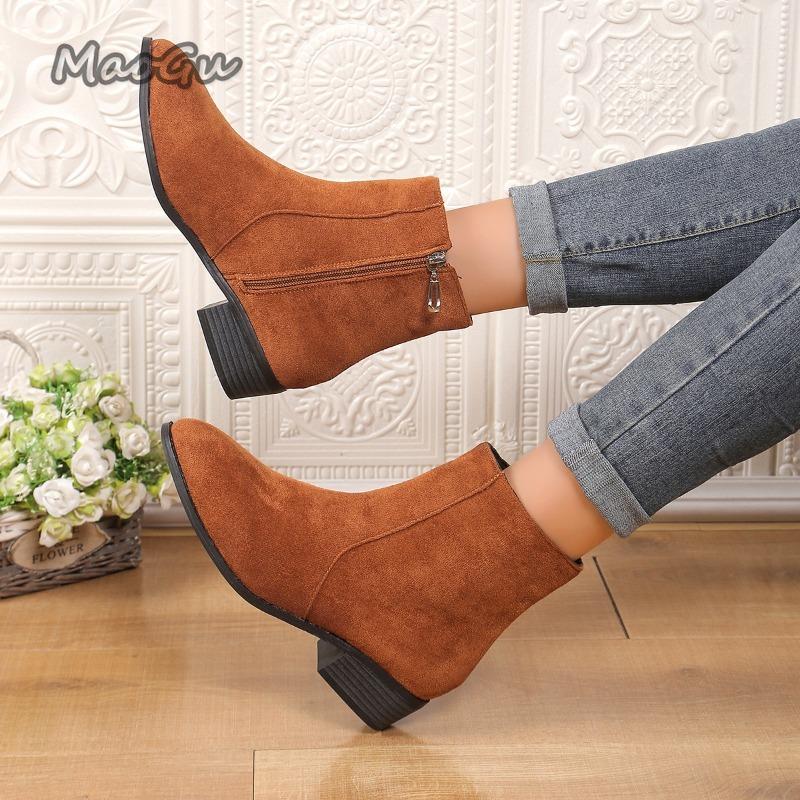 Fashion Vintage Women Suede Ankle Boots Fashion Elegant Pointed Toe Shoes Autumn Thick Middle Heel Solid Women's Short Booties Size36 40