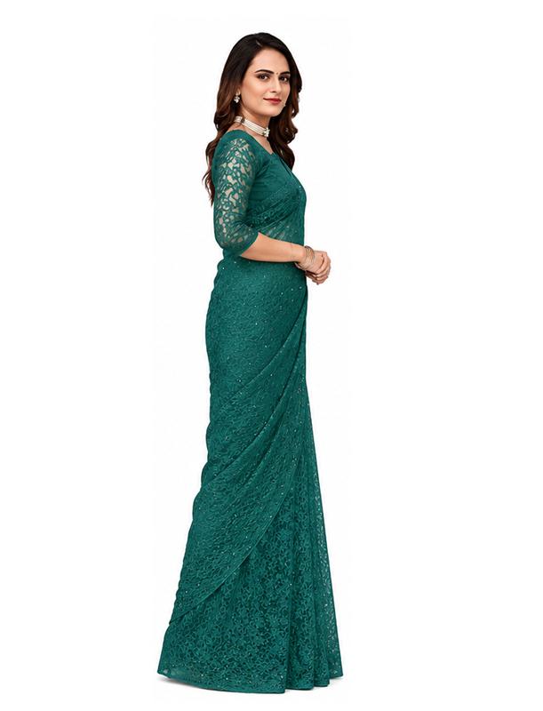 TreegoArt Fashion Women's Party Wear Floral Design Indian Saree Pearls Net Saree With Unstitched Blouse Piece