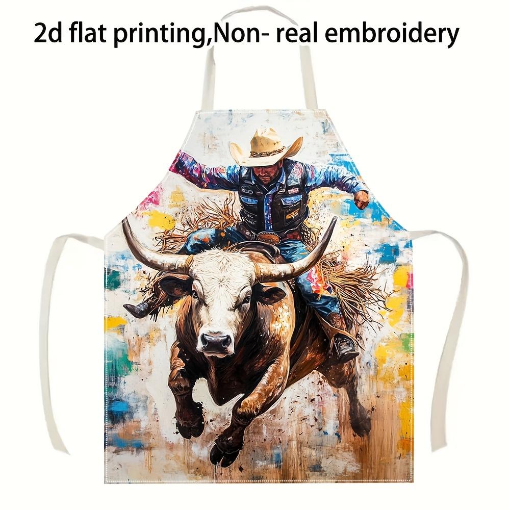 

1pc Cowboy Bull Riding Apron Linen Cotton Western Art Kitchen Apron For Men Chef Cooking Baking Gift Decor 38X47cm(15X19in)