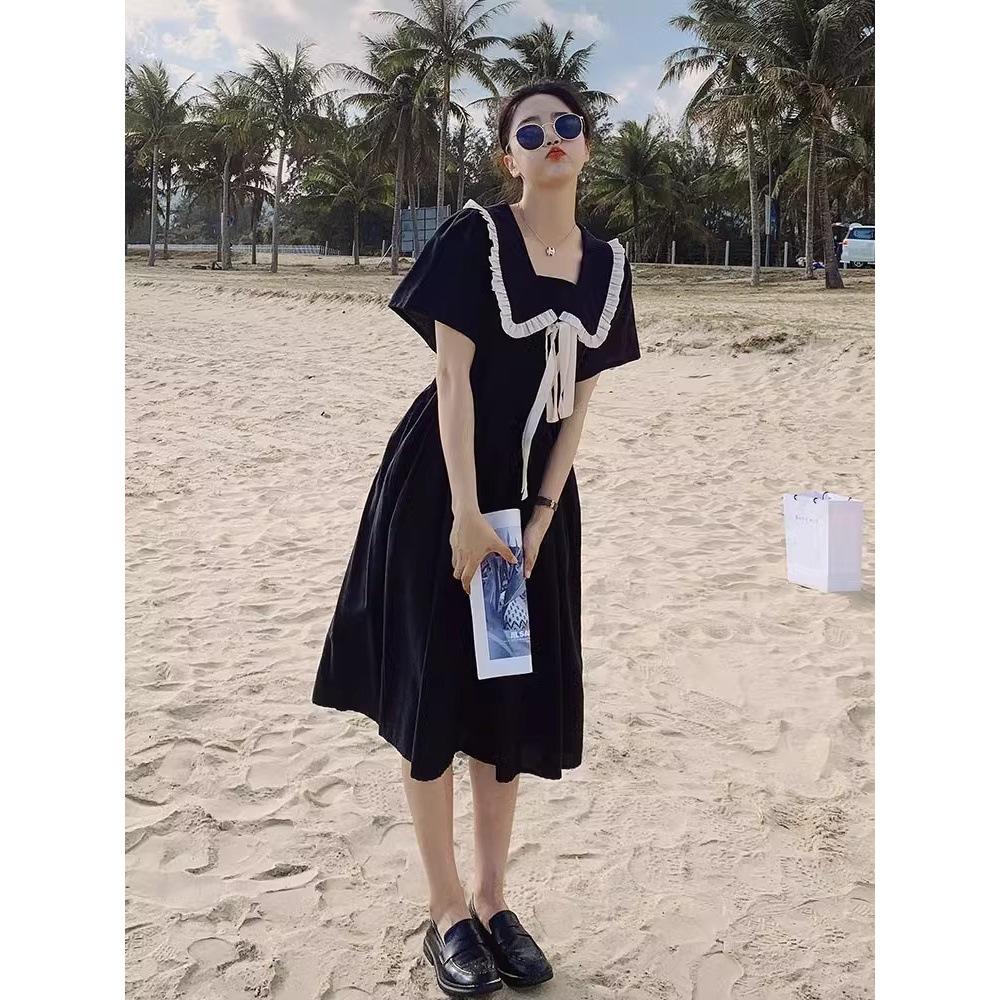 College style Hepburn small black dress doll collar short-sleeved dress women's summer niche design long skirt