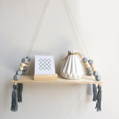 Wall Hanging Wooden Beads Shelf Swing Rope Floating Shelves Display Storage Rack Decor For Home Office Cafe Room Display Stand