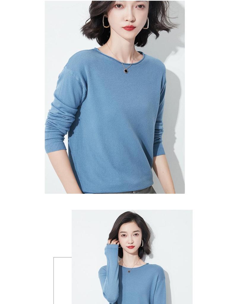 Autumn/Winter Women's Wool Sweater: Round & V-Neck, Rolled Edge, Long Sleeve, Thin Knit Top